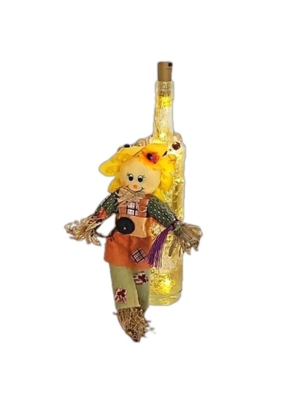 Hand Crafted Upcycled Fall Bottle Art Floral Sunflower Scarecrow Lighgt- up